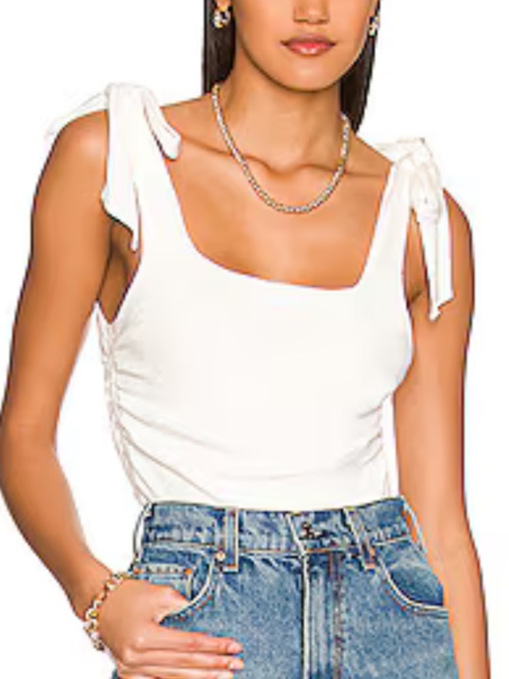 Free People White Tie-Shoulder Ruched Boulevard Crop Tank Top